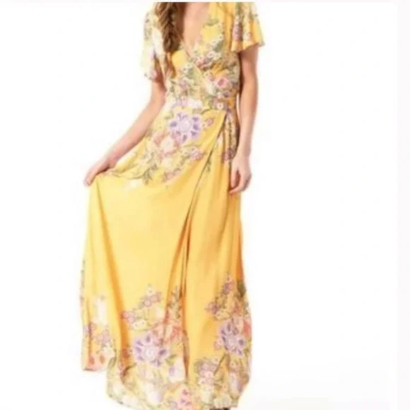 Spell and the Gypsy Blue Skies Yellow Maxi Wrap Dress Size M NWT - Picture 5 of 16
